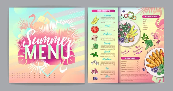 Restaurant Design Menu Gradient Tropical Été Avec Feuilles Tropicales Fluorescentes — Image vectorielle