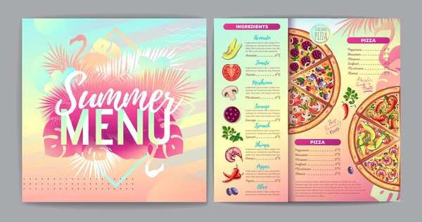 餐厅夏季热带梯度披萨菜单设计与荧光热带叶和火烈鸟 快餐菜单 — 图库矢量图片