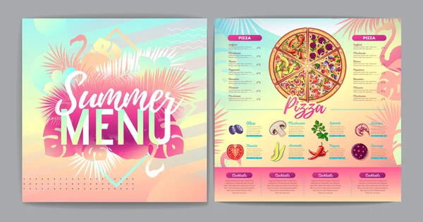 Restaurant Zomer Tropische Gradiënt Pizza Menu Ontwerp Met Fluorescerende Tropisch — Stockvector