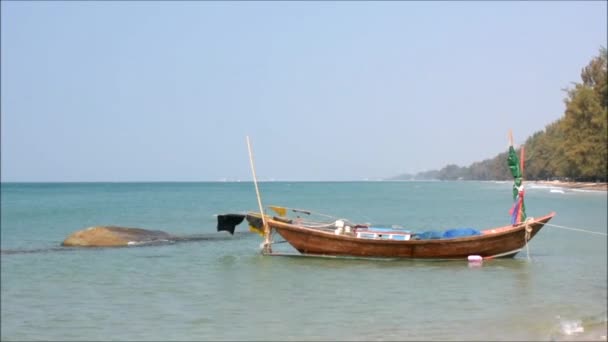 Fishing Boat Sea Morning Mountains Blue Sky — Stock Video