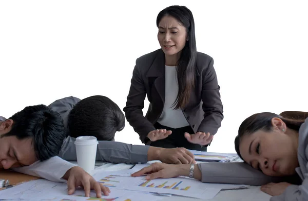 Picture Angry Boss Watching Employees Sleeping Office Because Overworked Too — Stock Photo, Image