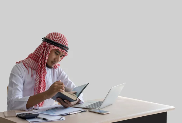 Picture Arabian Handsome Man Hit Books Laptop Computer Desk Isolated — Stock Photo, Image