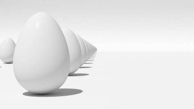 Yumurtalar beyaz arka planda kapanıyor. Paskalya için kopyalama alanı, ürün. 3d hazırlayıcı