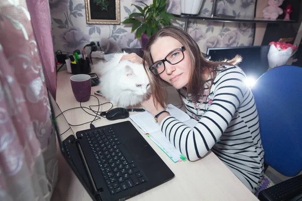 Online iş. Ev alanı ve kedi. Gözlüklü çekici bir kadın, evde kalıp uzaktan çalışıyor. Evdeki işyeri.