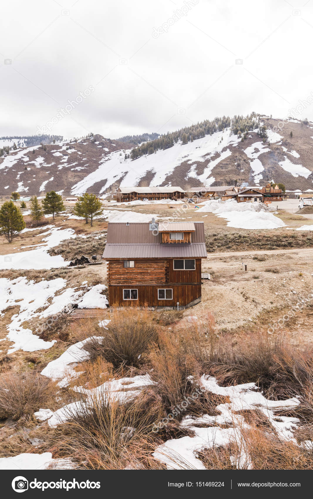 Log Cabin In Snowy Mountain Town Stock Photo C Theadaptive