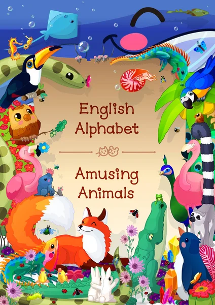 Kitap kapağı hayvanların eğlenceli İngilizce alfabe serisi için. — Stok Vektör