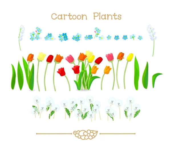  Plantae series cartoon plants: Spring tulips flowers set