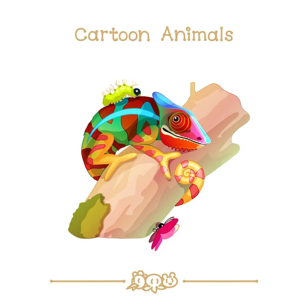 Toons series cartoon animals: colorful chameleon on tree — Stock Vector