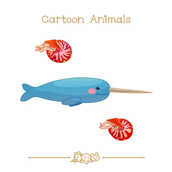 Toons serisi karikatür hayvanlar: boynuzlu balina erkek balina ve nautilus pompilius — Stok Vektör