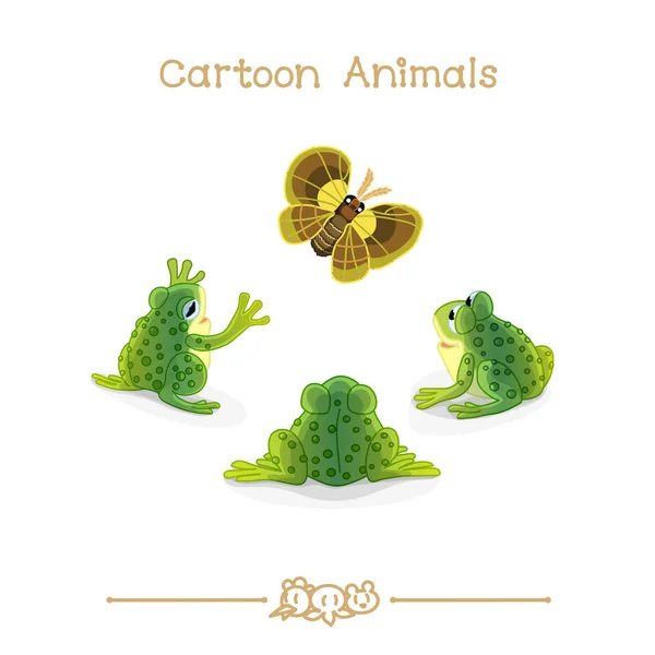 Мультфільми серії мультяшних тварин: жаби і зелений метелик — стоковий вектор