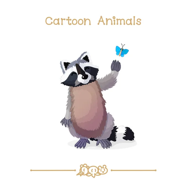 Toons serie tecknad djur: raccoon och fjäril — Stock vektor