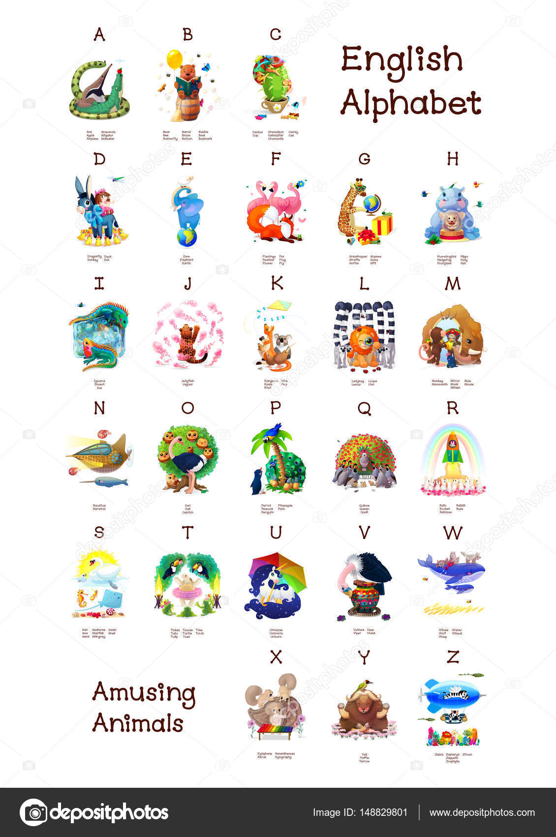 재미 있는 동물의 영어 알파벳 시리즈입니다. 한 포스터 파일에서 모든 26의 편지 스톡 일러스트레이션 [© AUTHOR_NAME]  #148829801