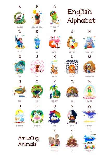 İngilizce alfabe dizi komik hayvanlar. Bir poster dosyasındaki tüm 26 harfi — Stok fotoğraf