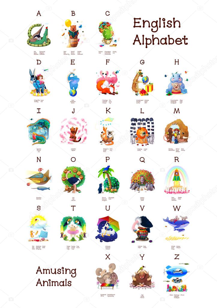 English Alphabet series of Amusing Animals. All 26 letters in one poster file