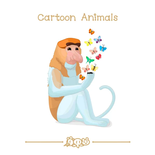 Toons series cartoon animals: Proboscis monkey & butterflies — Stock Vector