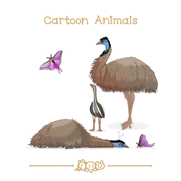 Серия мультфильмов о животных Toons: эмус и бабочка — стоковый вектор
