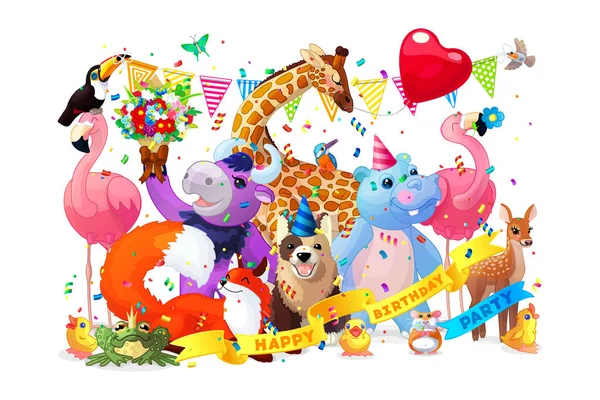 Vector Dibujos Animados Animales Felices Fiesta Cumpleaños Clipart — Vector de stock