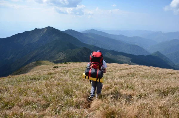 Turista con una mochila en las montañas — Foto de Stock