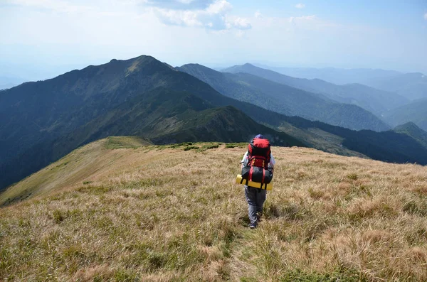 Turista con una mochila en las montañas — Foto de Stock