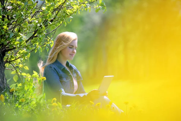 Young woman using tablet in park — Stock Photo, Image