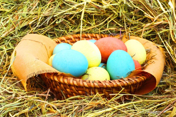 Korb mit Ostereiern auf Heu — Stockfoto