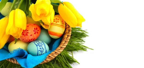 Basket of easter eggs and tulips on white — Stock Photo, Image