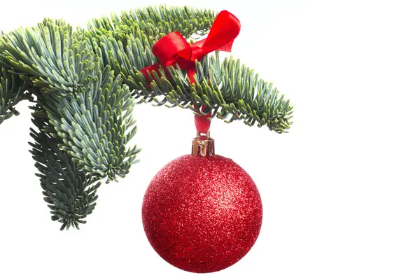 Χριστουγεννιάτικο δέντρο και κόκκινη μπάλα σε λευκό — Φωτογραφία Αρχείου
