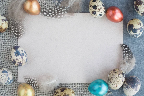 Easter Greeting Card Copy Space Text Beautiful Decor Eggs Feathers — Stock Photo, Image