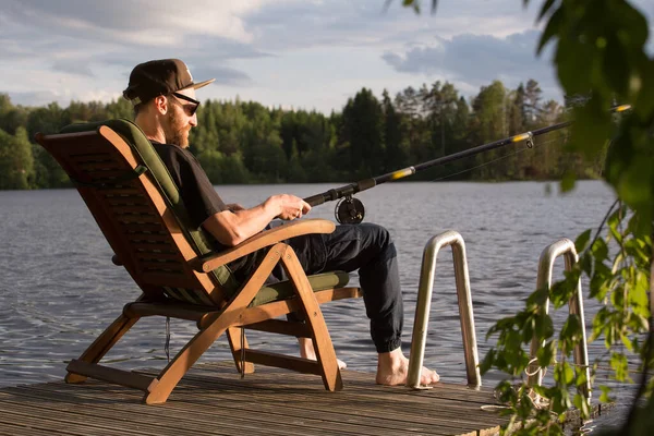 Mature Man Fishing Wooden Pier Cottage Lake Finland Summer — Stock Photo, Image