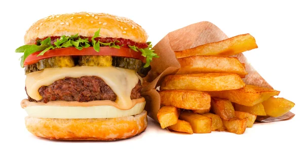 Ein Großer Klassischer Hamburger Cheeseburger Mit Pommes Auf Weißem Hintergrund — Stockfoto