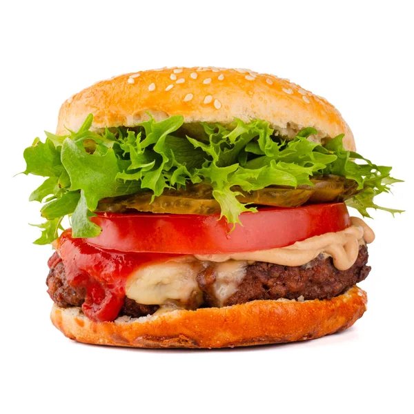 Ein Großer Klassischer Hamburger Cheeseburger Isoliert Auf Weißem Hintergrund — Stockfoto