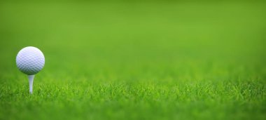 Golf topu golf sahasında yeşil çimlerde arka planda, afiş foth kopya alanı için arka planda metin