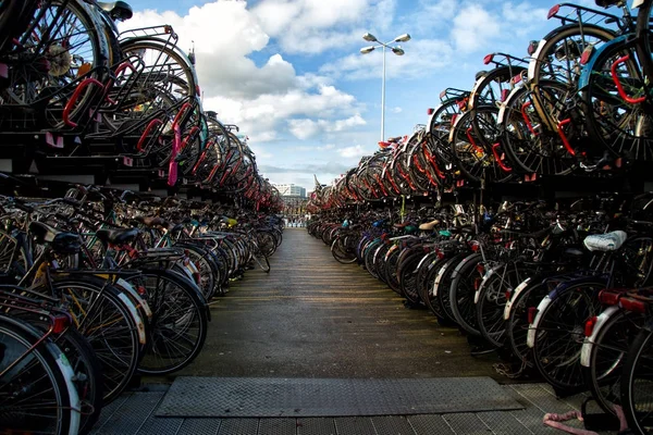 Zajęty parking dla rowerów w Amsterdam — Zdjęcie stockowe