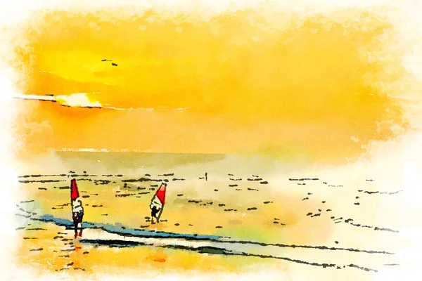 Digitala Akvarell Vindsurfare Havet Solnedgången Timme — Stockfoto