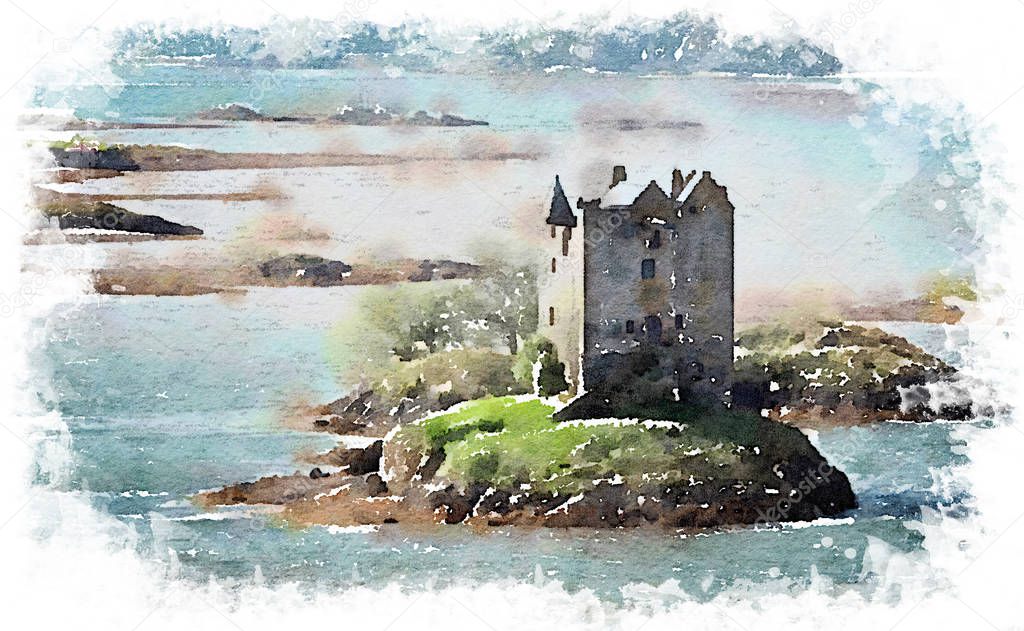 Watercolor of a castle surrounded by water