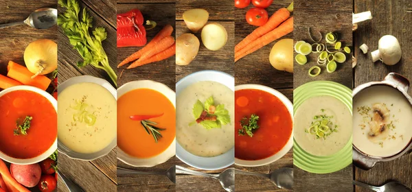 Различные виды супа на деревянном фоне — стоковое фото