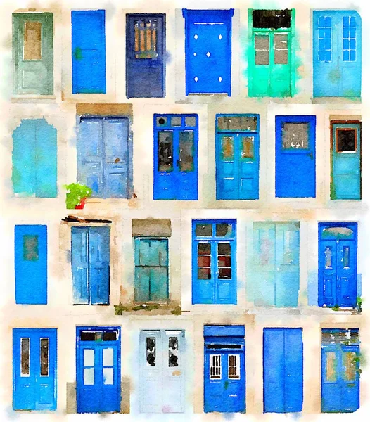 Cyfrowych Akwarela Niebieskie Drzwi Grecki — Zdjęcie stockowe