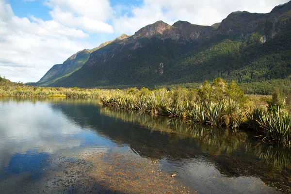 Mirror lake in Milford Sound in Nieuw-Zeeland — Stockfoto