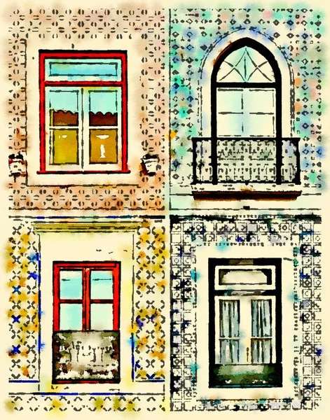 Aquarela Digital Tipos Diferentes Janelas Rodeadas Por Azulejos Portugal — Fotografia de Stock