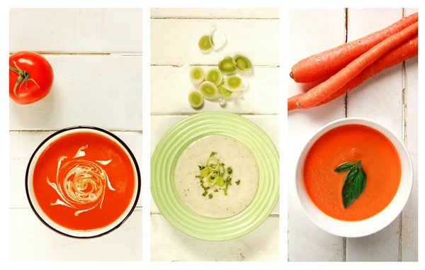 Différents types de soupe sur une table — Photo