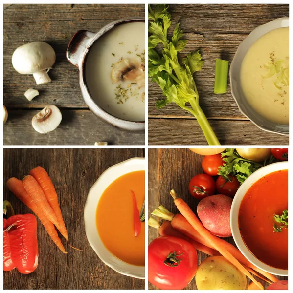 Four soups with vegetables on table — Stock Photo, Image