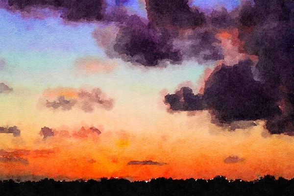 Acquerello Digitale Nuvole Viola Durante Tramonto Cielo Arancione Blu — Foto Stock