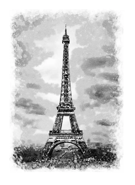 Watercolour of Eiffel tower in black and white — 图库照片