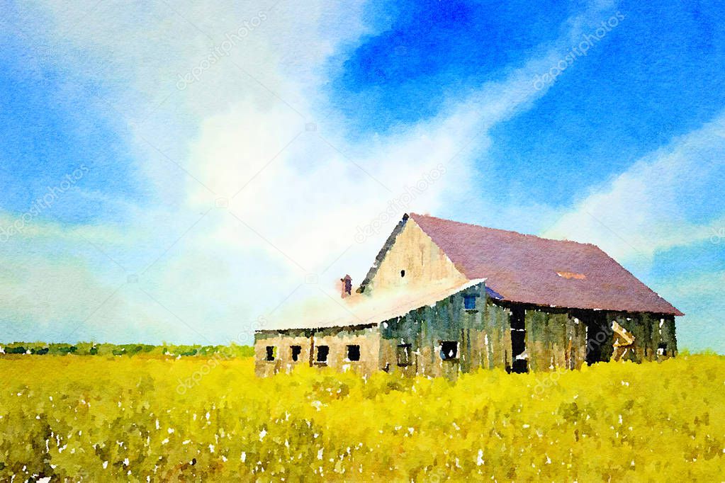 Watercolour of a barn in a middle of a meadow