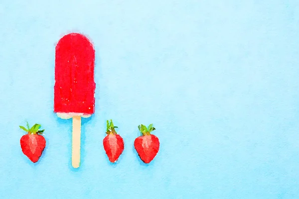 Acquerello di ghiacciolo di fragole su sfondo blu — Foto Stock