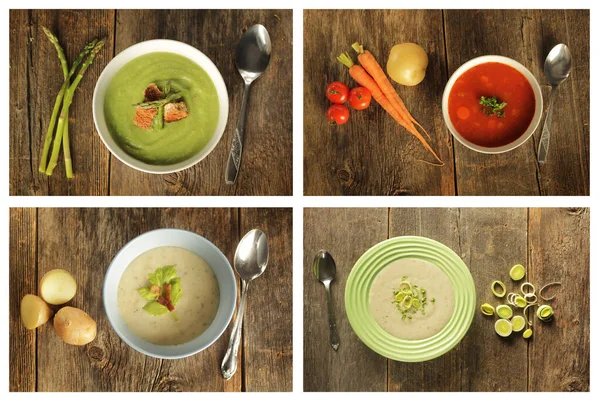 Collage of four different soups — 스톡 사진