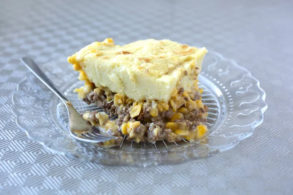 Shepherds Pie Canadian Pate Chinois Mash Potatoes Meat Corn Fork — Stock Photo, Image