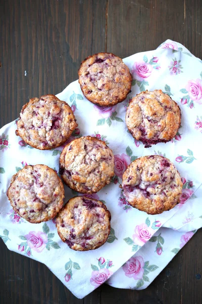 Homemade Fruits Muffins Wooden Pink Flowered Tablecloth — Stock Photo, Image