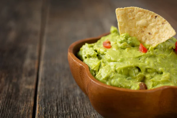 Bowl Traditional Mexican Guacamole Nachos Chips Wooden Background Stock Image