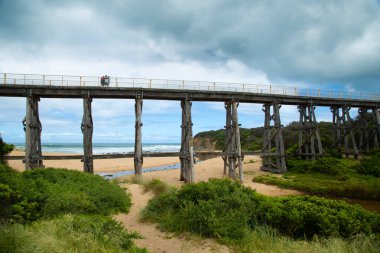 Trestle bridge in Kilcunda in Australia is 91 meter long built over the Bourne Creek with the ocean in background clipart